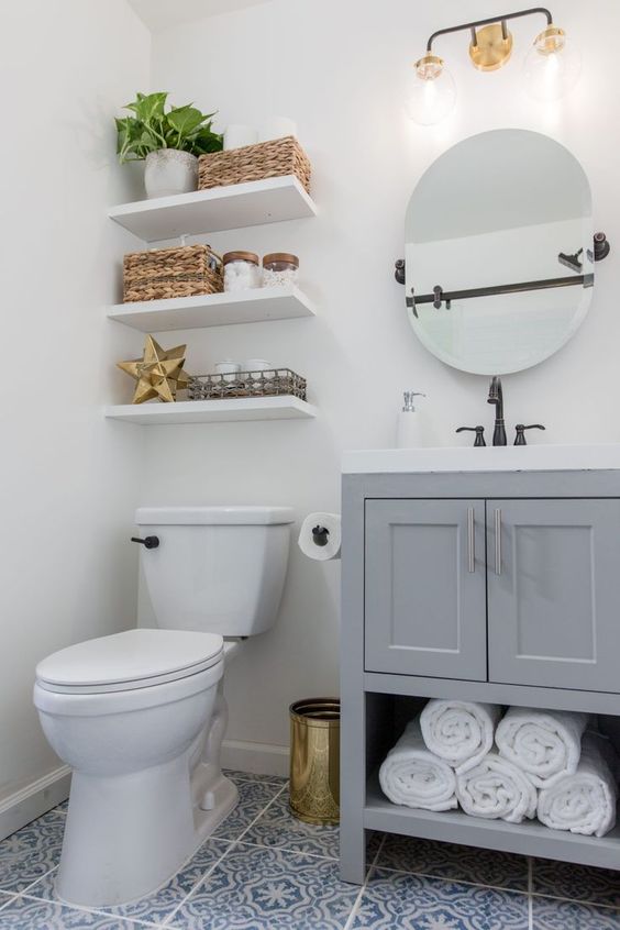 Floating shelves as a small bathroom idea on a budget